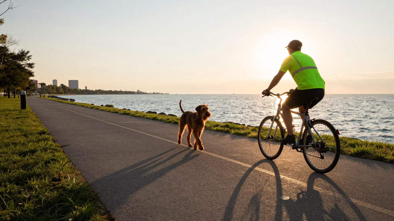 First Light on Chicago Lakefront Trail with Wirehaired Vizsla and Commuter Cyclists in in Chicago, Illinois, United States