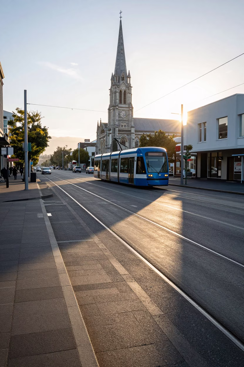 First light on Christchurch tram tracks near Cathedral Square with tram and city buildings in in Christchurch, New Zealand
