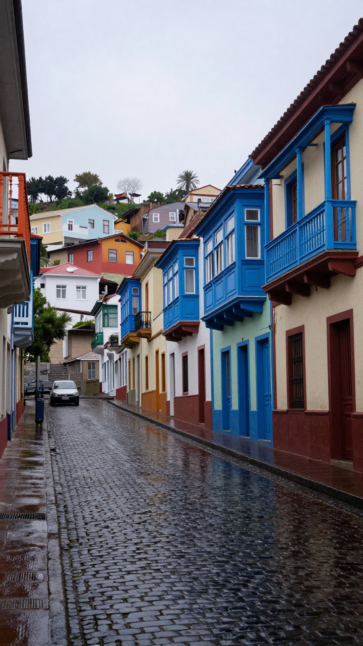 First Light on Cobblestone Alley in Valparaiso in in Valparaiso, Chile