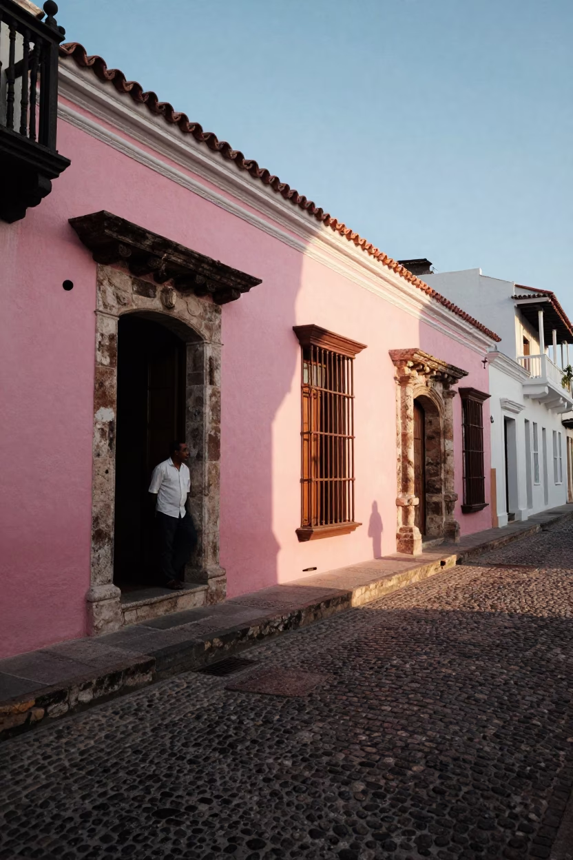 First Light on Colonial Street in Cartagena Colombia with Colorful Facade in in Cartagena, Colombia