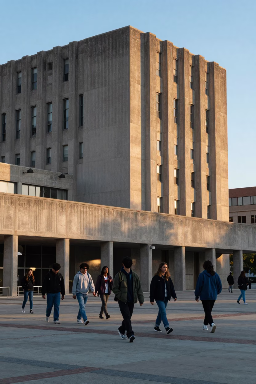 First Light on Concrete Brutalist University Building in Los Angeles California in in Los Angeles, California, United States