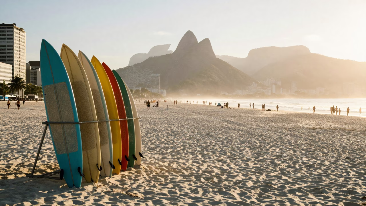 First Light on Copacabana Beach with Colorful Surfboards and Pedestrians in Rio de Janeiro in in Rio de Janeiro, Brazil