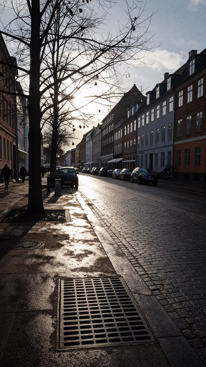 First light on Copenhagen street with leaf shadows on drain and painted crate in in Copenhagen, Denmark