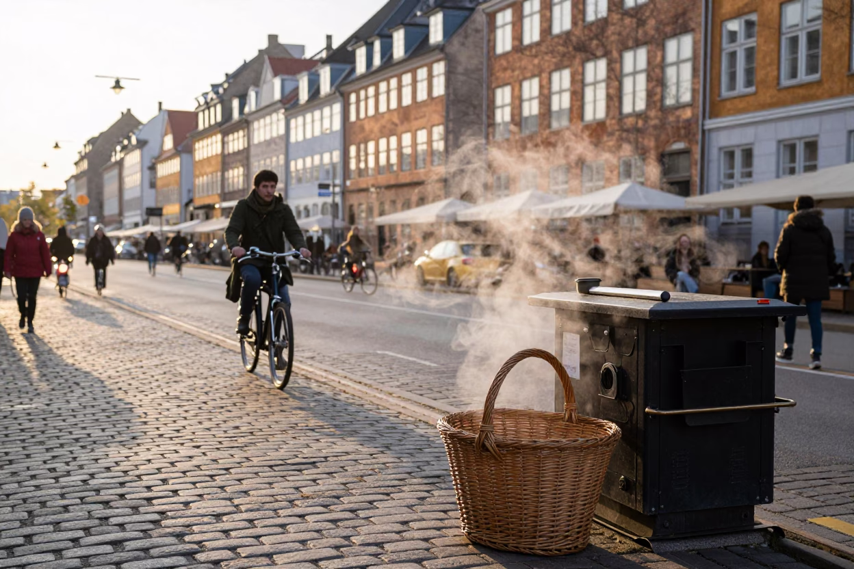 First Light on Copenhagen Street with Wicker Basket and Morning Commuters in in Copenhagen, Denmark