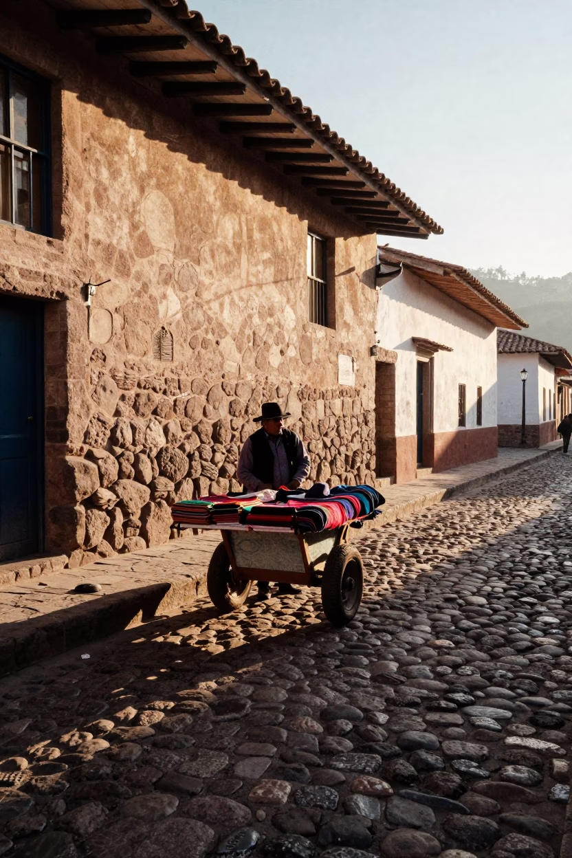 First Light on Cusco Cobblestone Street with Local Vendor and Stone Architecture in in Cusco, Peru