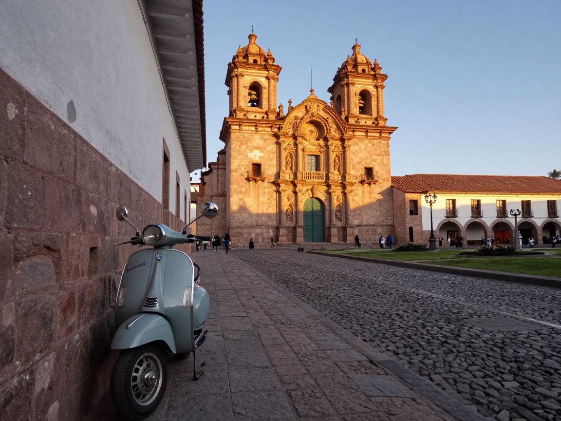 First Light on Cusco Cobblestones with Vintage Vespa and Wool Scarves in in Cusco, Peru