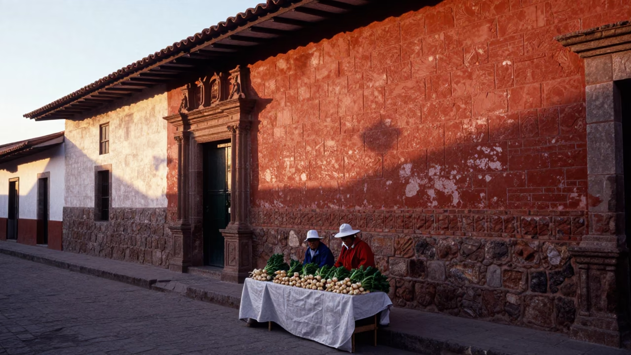 First Light on Cusco Street with Vendor Displaying Turnips and Coffee Tin in in Cusco, Peru