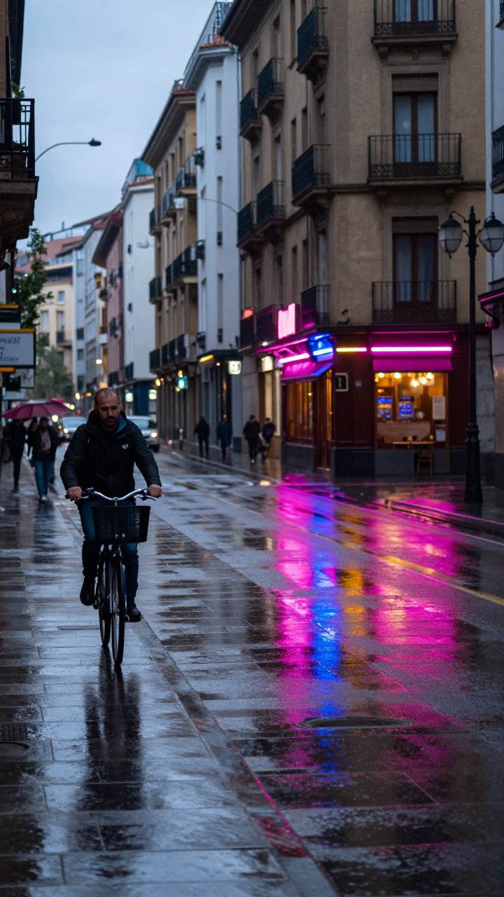 First Light on Cyclist in Bilbao in in Bilbao, Spain