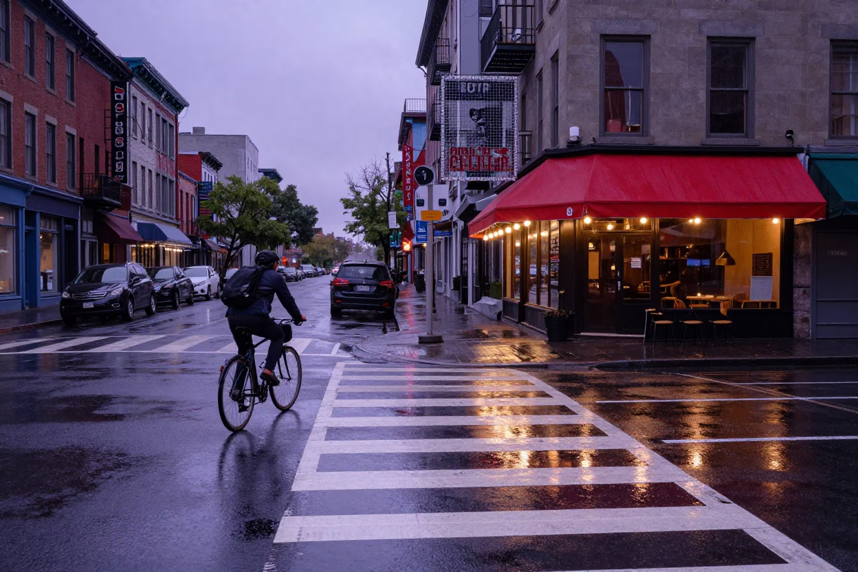 First Light on Cyclist in Montreal in in Montreal, Quebec, Canada