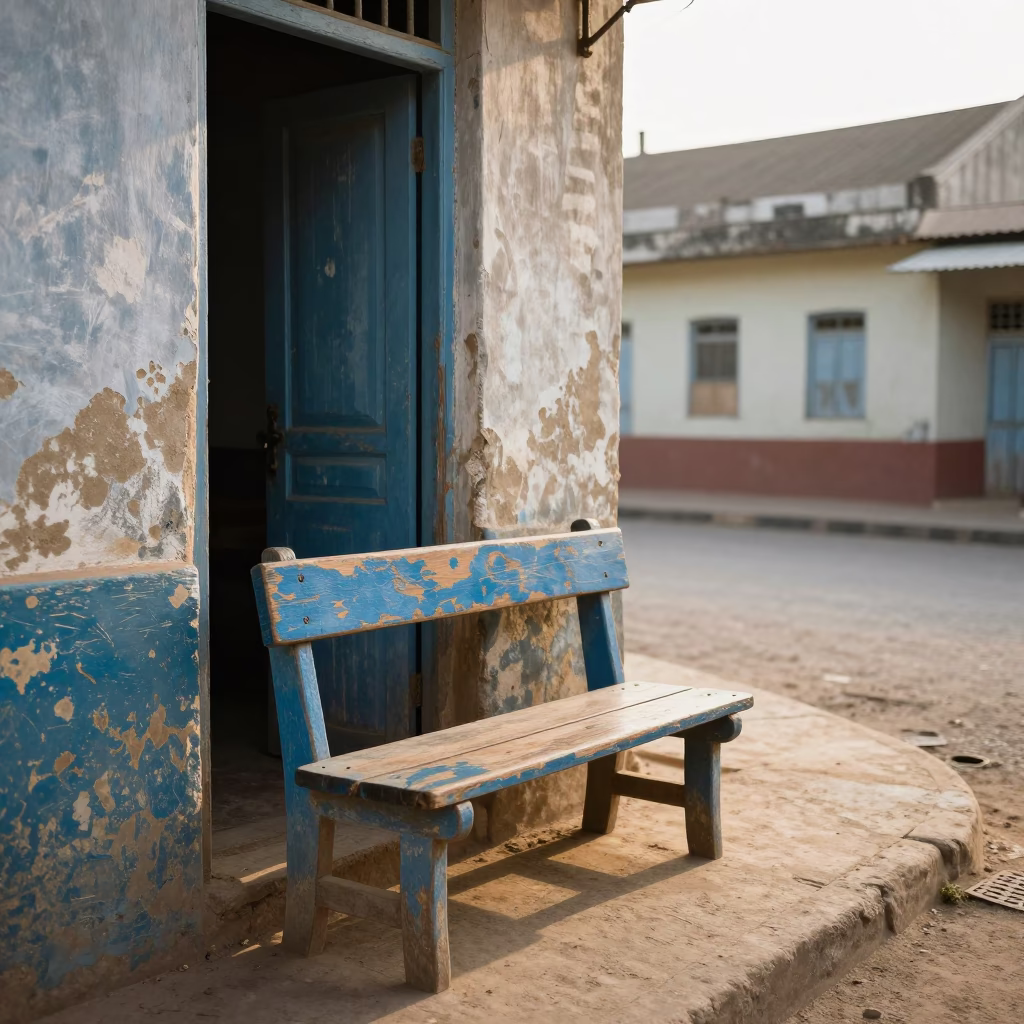 First Light on Dakar Senegal Street with Scuffed Painted Wood and Laundry Pins in in Dakar, Senegal
