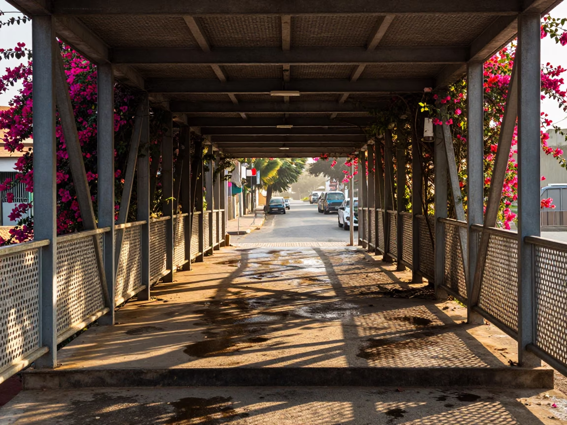 First Light on Dakar Street Pedestrian Overpass with Bougainvillea and Heliconia in in Dakar, Senegal