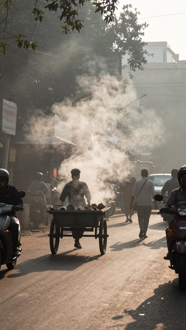 First light on Delhi street with steam haze and striped towel in in Delhi, India