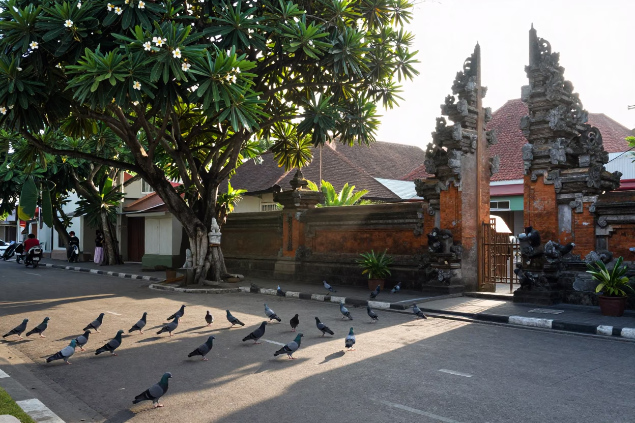 First Light on Denpasar Street with Pigeons and Traditional Architecture in Bali in in Denpasar, Indonesia