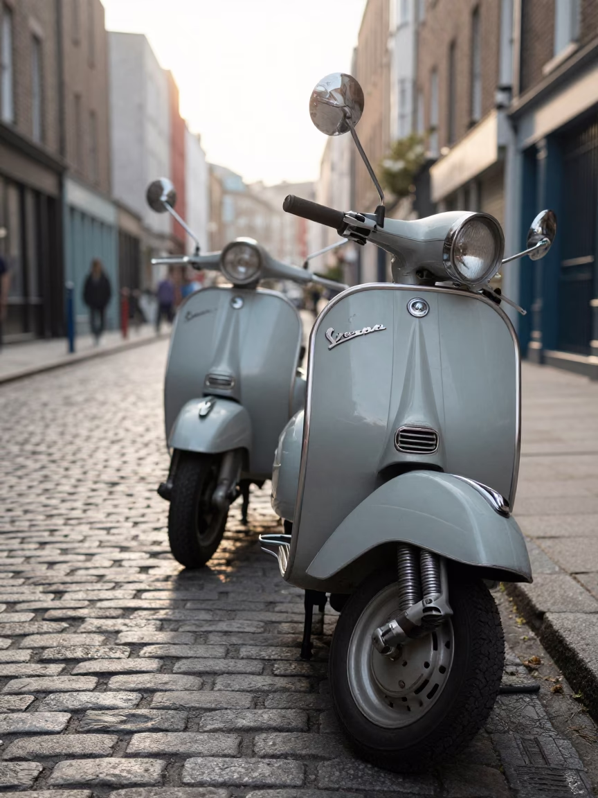 First Light on Dublin Cobblestones with Vintage Vespa and Heritage Brick Architecture in in Dublin, Ireland