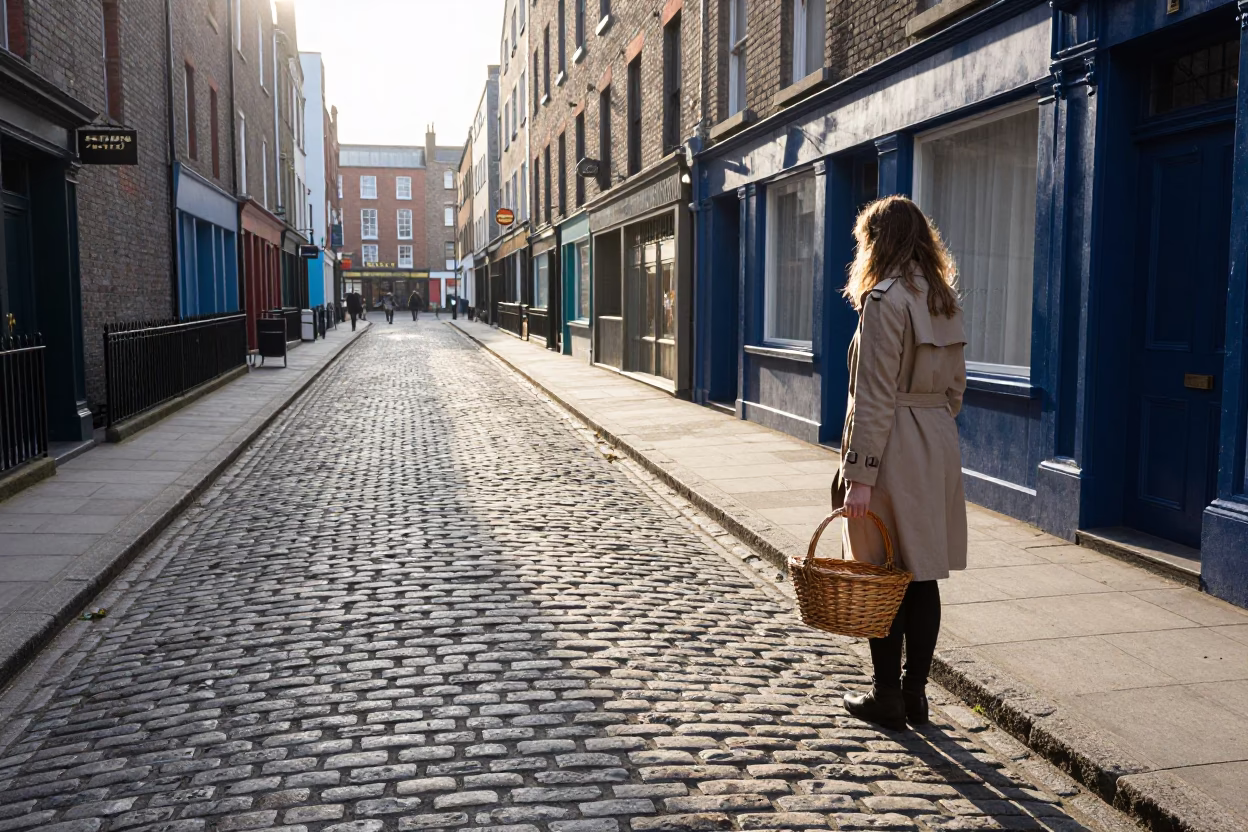 First Light on Dublin Cobblestones with Wicker Basket and Miso Soup Breakfast in in Dublin, Ireland