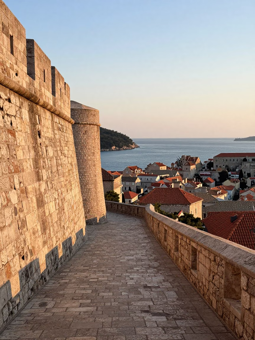 First Light on Dubrovnik Old Town Stone Walls and Adriatic Sea View in in Dubrovnik, Croatia