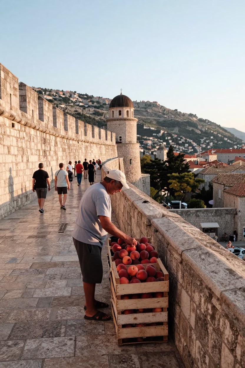 First Light on Dubrovnik Old Town Walls with Tourists and Local Vendor in in Dubrovnik, Croatia