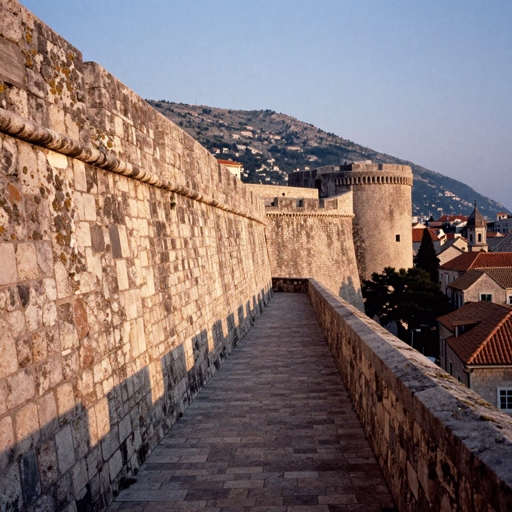 First Light on Dubrovnik Stone Walls with Lichen and Wooden Crate in in Dubrovnik, Croatia