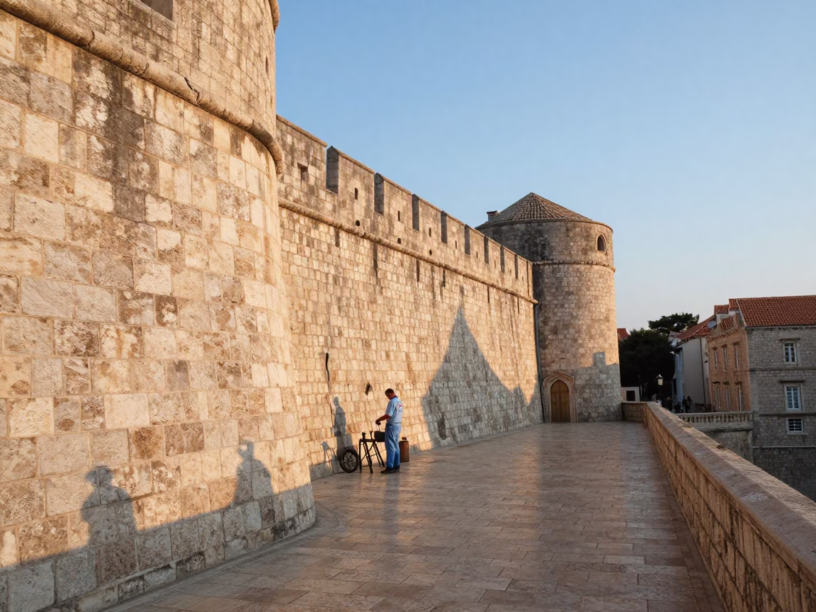 First Light on Dubrovnik Stone Walls with Local Street Cleaning Tools in in Dubrovnik, Croatia