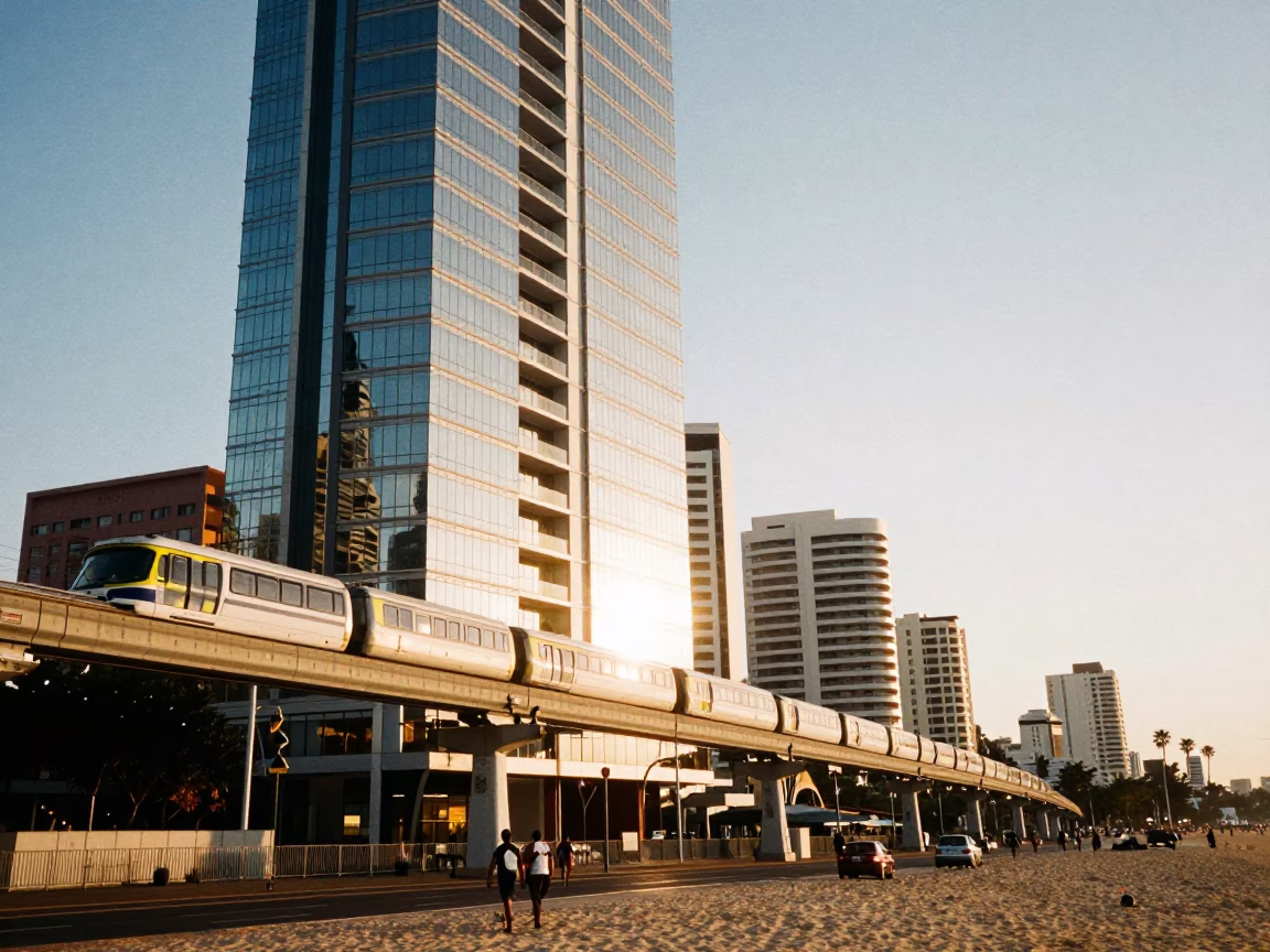 First Light on Durban Beachfront Promenade with Monorail Reflection and Coastal Atmosphere in in Durban, South Africa