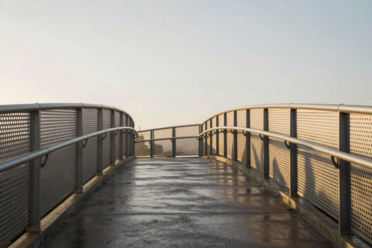 First Light on Durban Pedestrian Overpass with Perforated Metal and Wet Footsteps in in Durban, South Africa