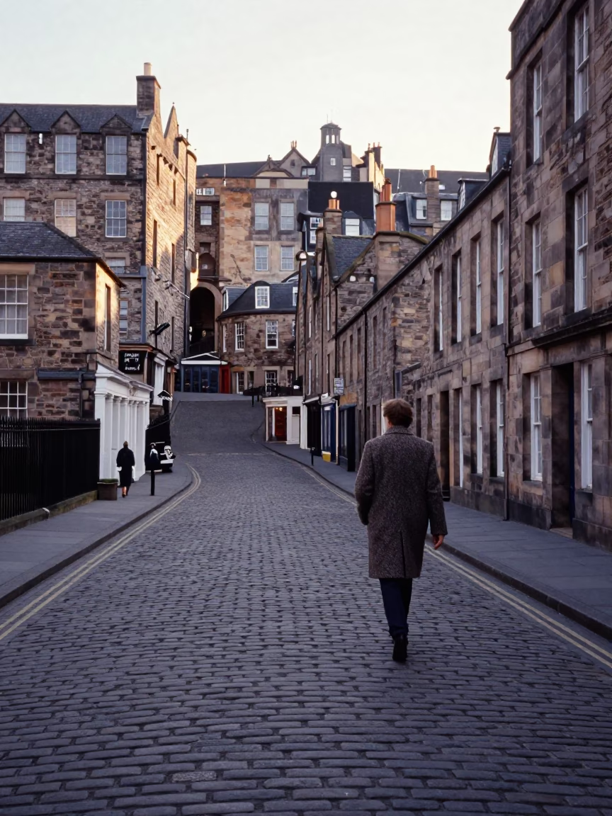 First Light on Edinburgh Cobblestones with Vintage 1970s Street Scene in in Edinburgh, United Kingdom