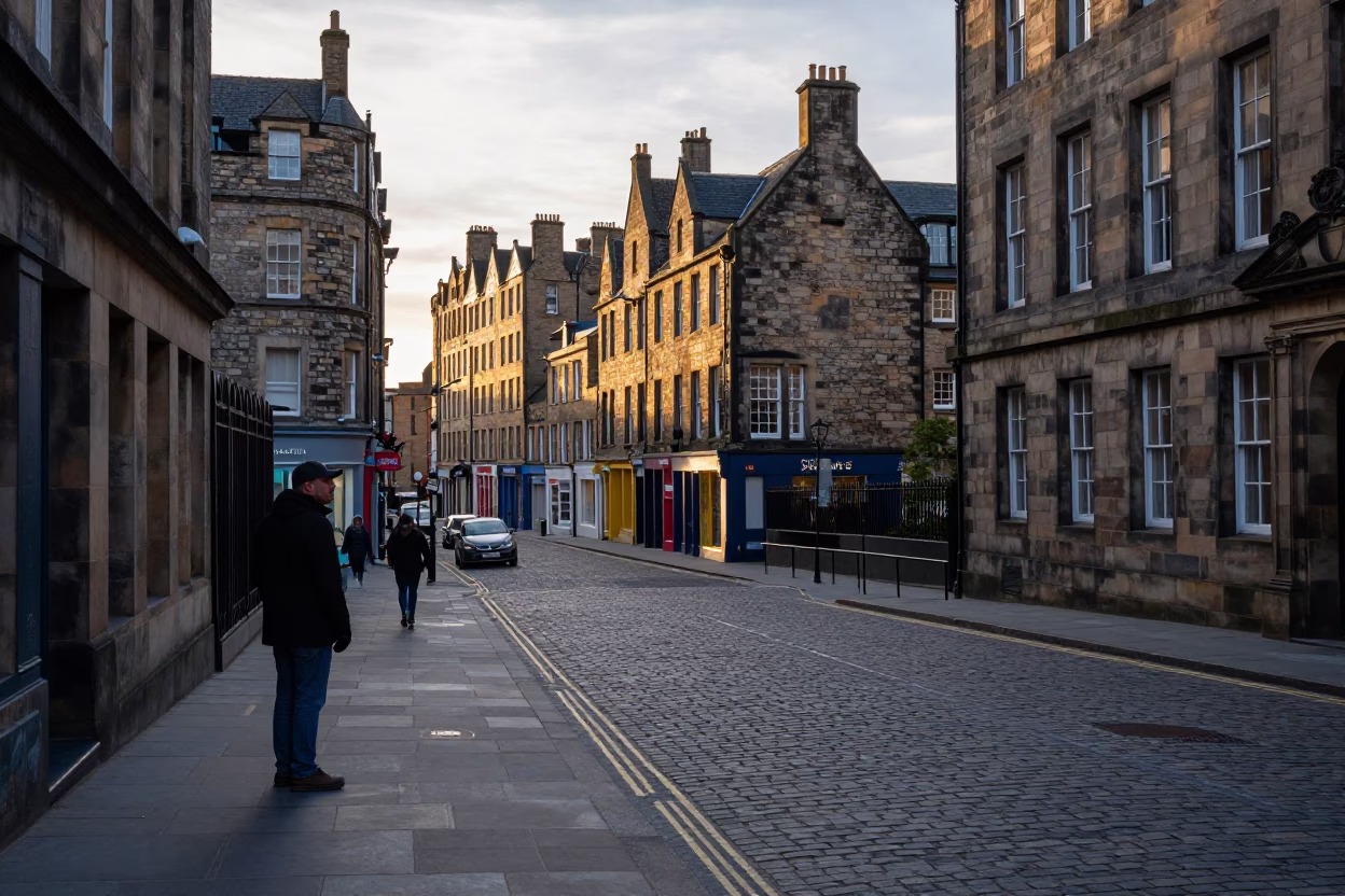 First Light on Edinburgh Royal Mile Street Scene with Clipboard and Ferns in in Edinburgh, United Kingdom