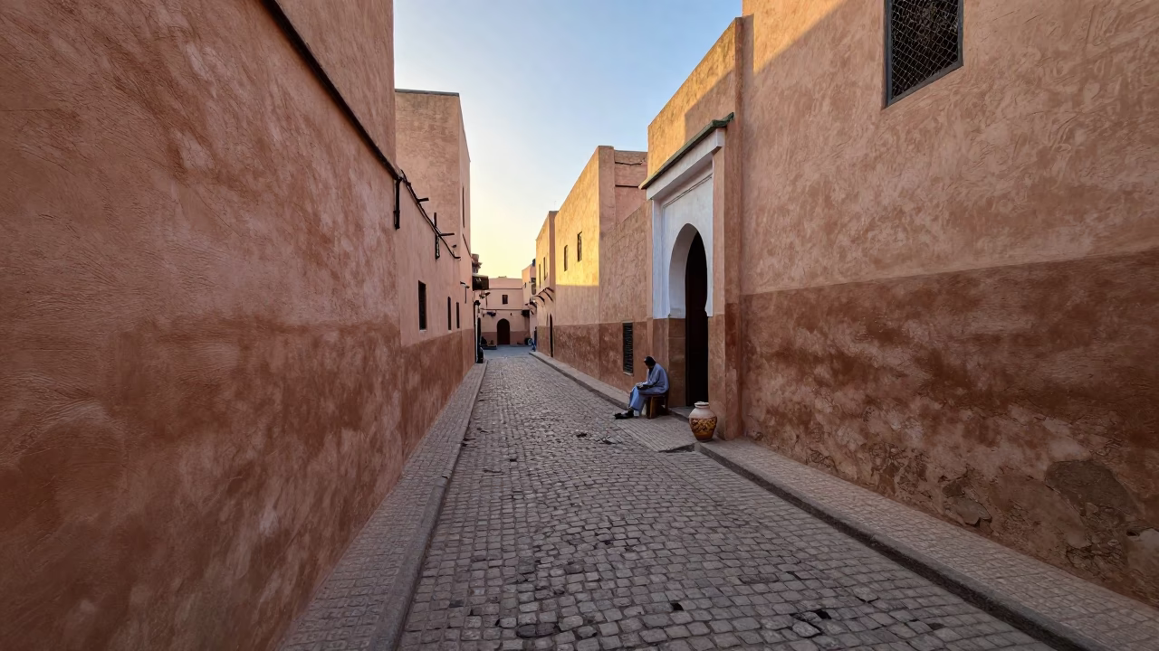First Light on Fez Medina Cobblestones with Traditional Ceramic Pitcher and Vine in in Fez, Morocco