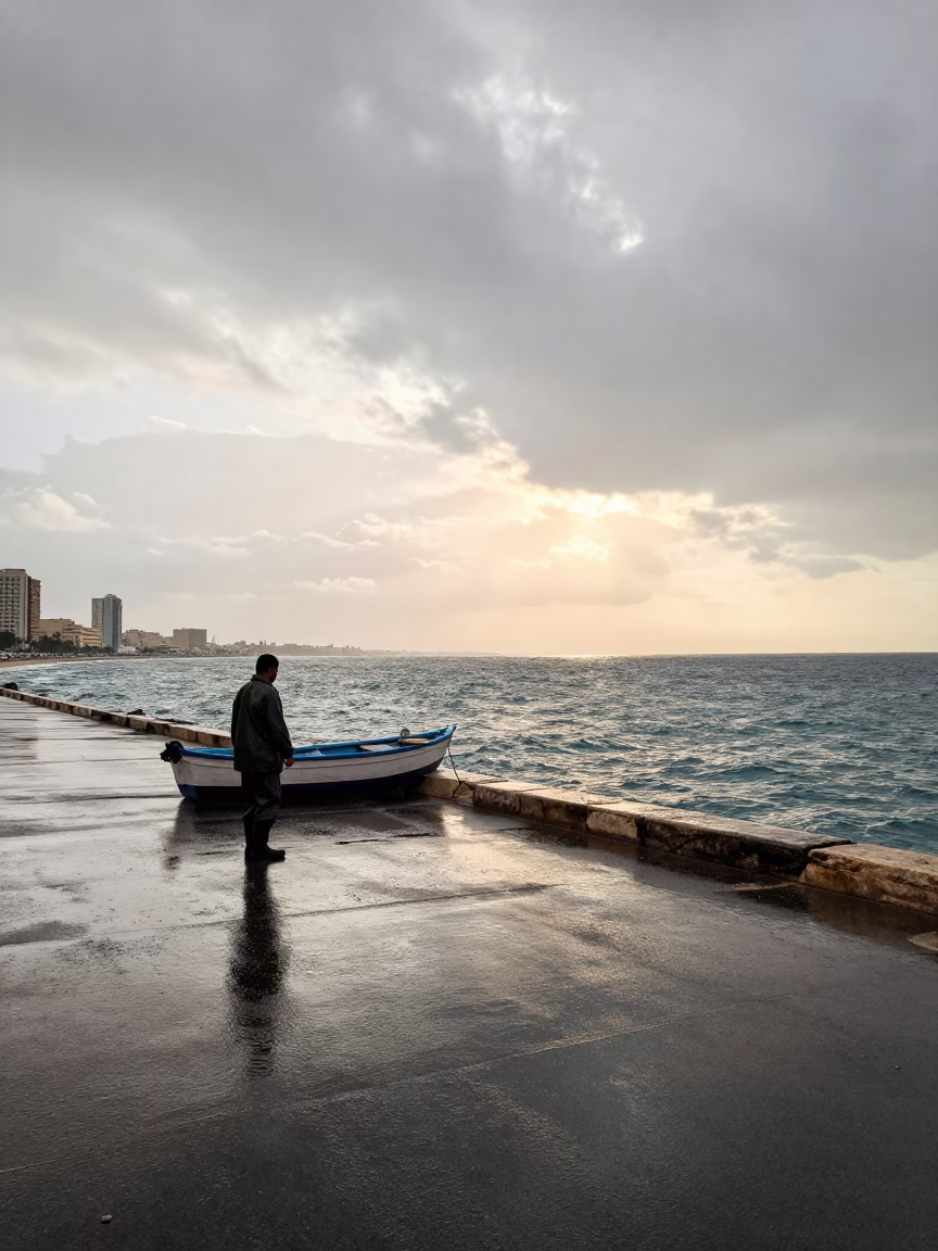 First Light on Fisherman in in Alexandria, Egypt