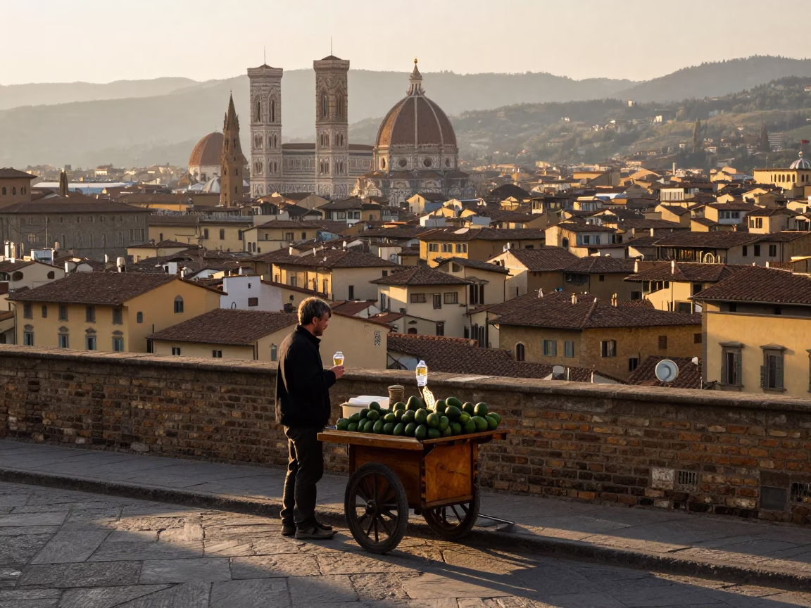 First light on Florence streets with avocados and drinking vessel in in Florence, Italy