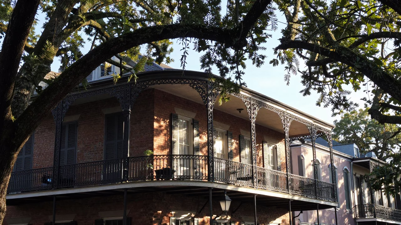 First Light on French Quarter Balcony with Ironwork and Morning Coffee in in New Orleans, Louisiana, United States