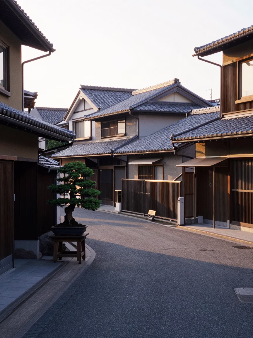 First Light on Fukuoka Street with Bonsai Juniper and Turnbuckle Detail in in Fukuoka, Japan