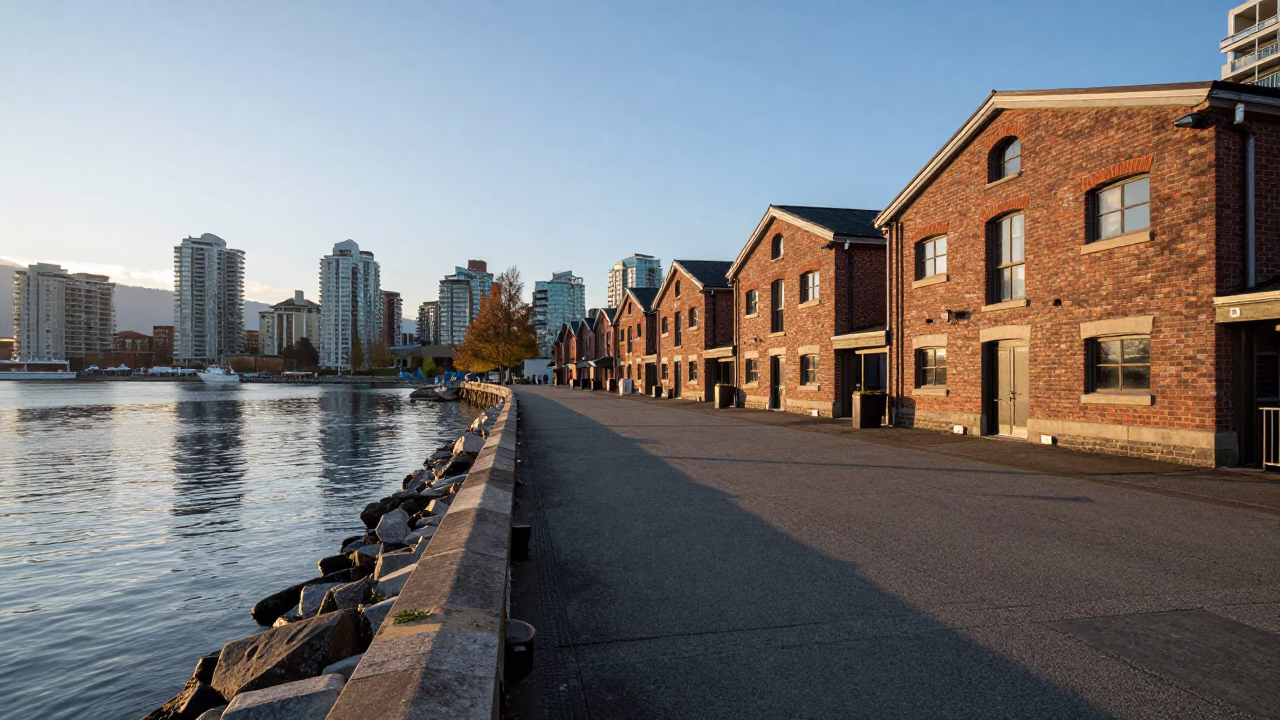 First Light on Granville Island Waterfront with Park Bench and Early Morning Activity in in Vancouver, British Columbia, Canada