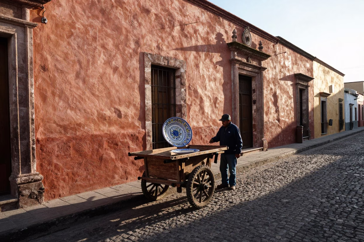 First Light on Guadalajara Street with Vintage Majolica Plate and Hand Tool in in Guadalajara, Mexico