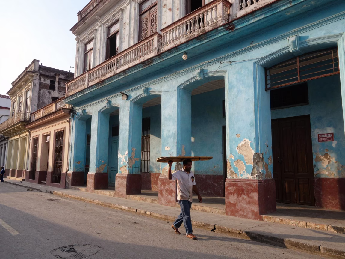 First light on Havana street with man carrying tea kettle and colorful colonial architecture in in Havana, Cuba