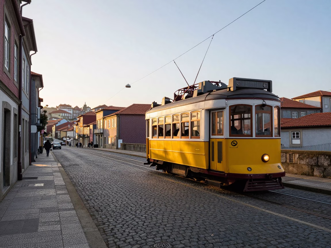 First Light on Historic Porto Cobblestones with Classic Tram and Traditional Architecture in in Porto, Portugal