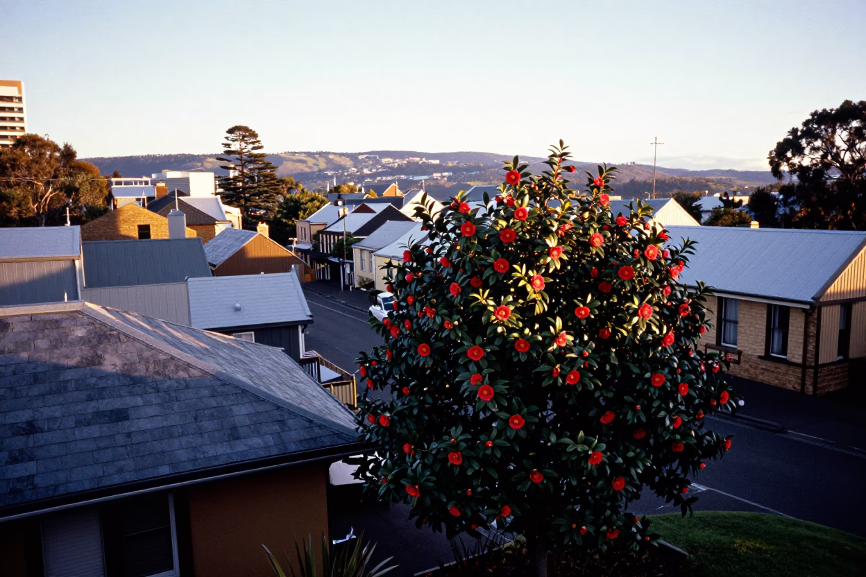 First Light on Hobart Rooftops and Tasmanian Camellia Bush in Early Morning in in Hobart, Tasmania, Australia