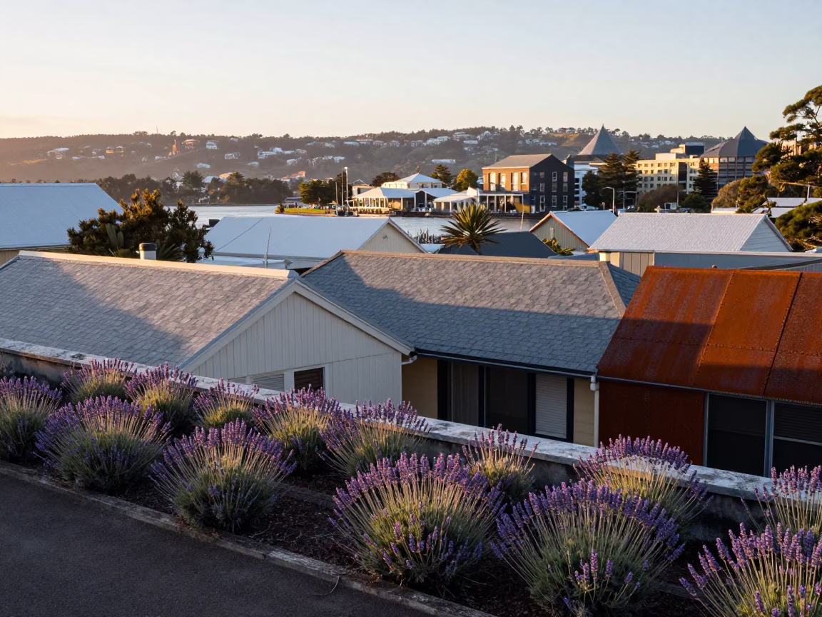 First Light on Hobart Rooftops with Lavender and Rust in Tasmania in in Hobart, Tasmania, Australia
