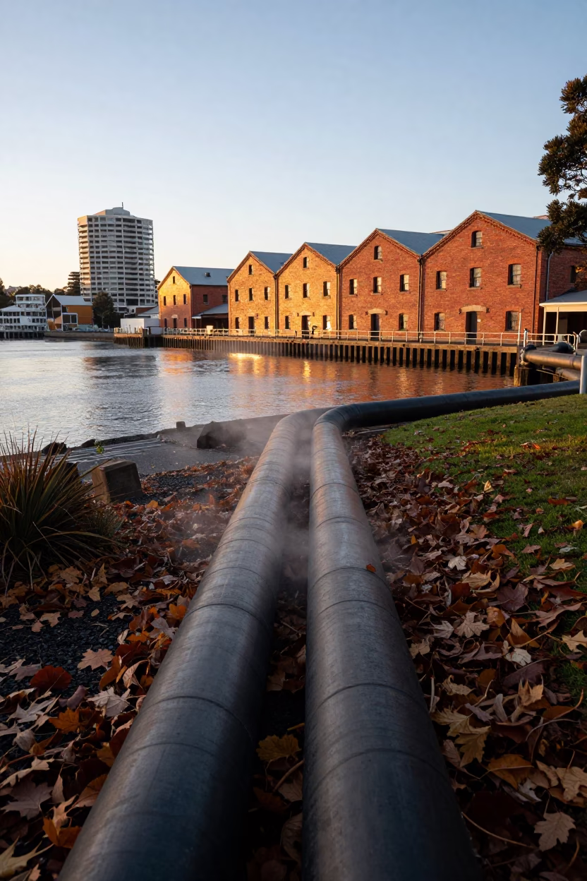 First Light on Hobart Waterfront with District Heating Pipes and Autumn Leaves in in Hobart, Tasmania, Australia