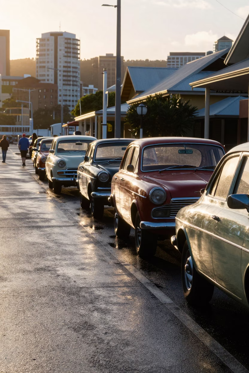 First Light on Hobart Wharf Street with Vintage Cars and Waterfront View in in Hobart, Tasmania, Australia