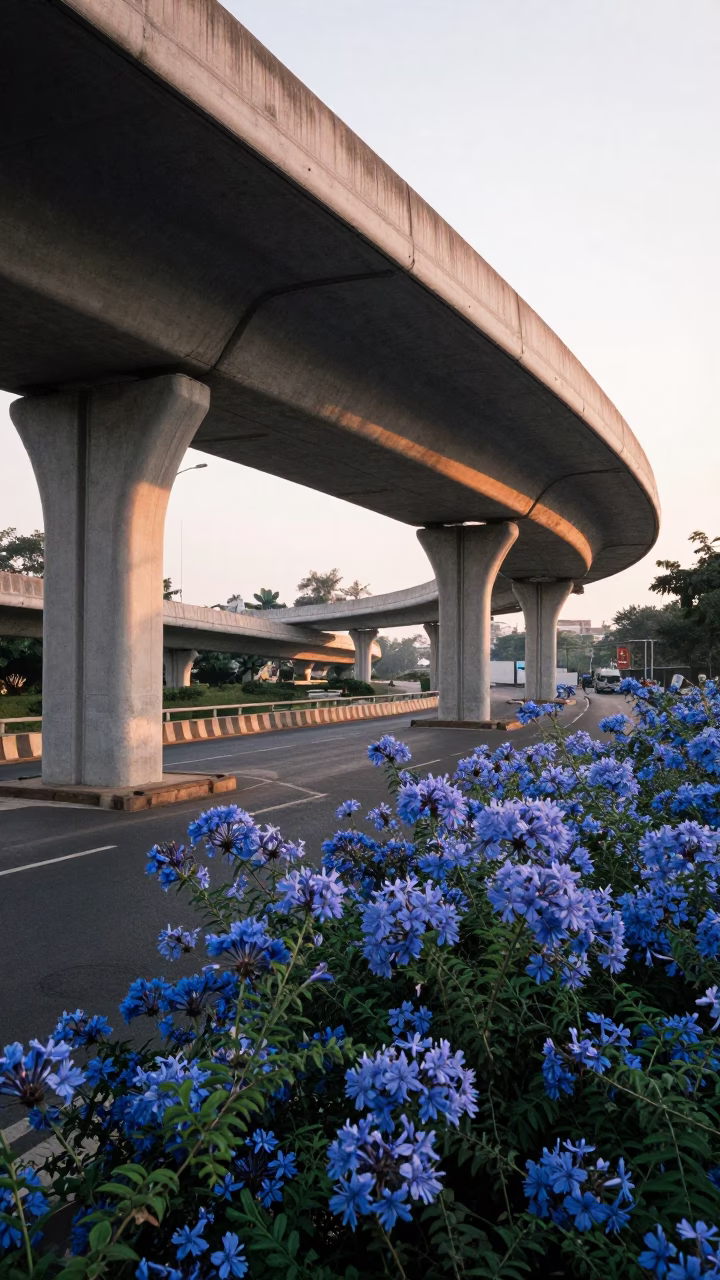 First Light on Hyderabad City Center Flyover with Plumbago Hedge and Petal Strew in in Hyderabad, India