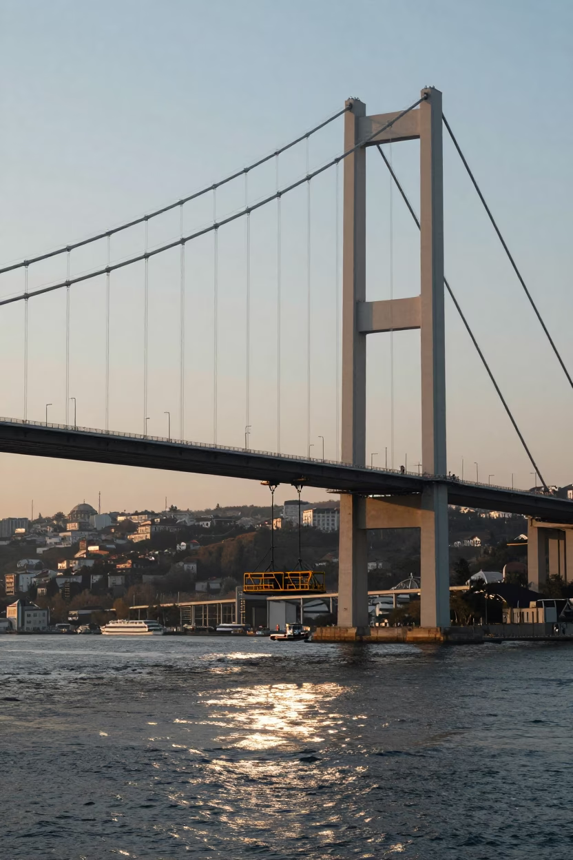 First Light on Istanbul Bosphorus Bridge Maintenance Cradle Above Green Waters in in Istanbul, Turkey