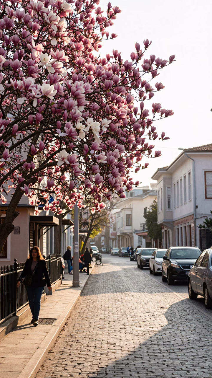 First Light on Istanbul Street with Magnolia Bloom and Traditional Tea Service in in Istanbul, Turkey