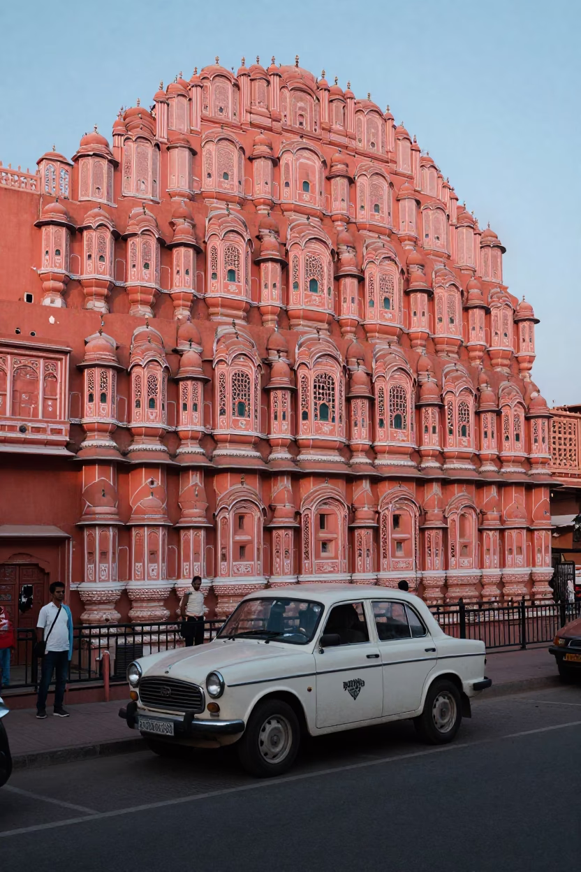 First Light on Jaipur Pink City Streets with Vintage 1970s Aesthetic and Local Details in in Jaipur, India