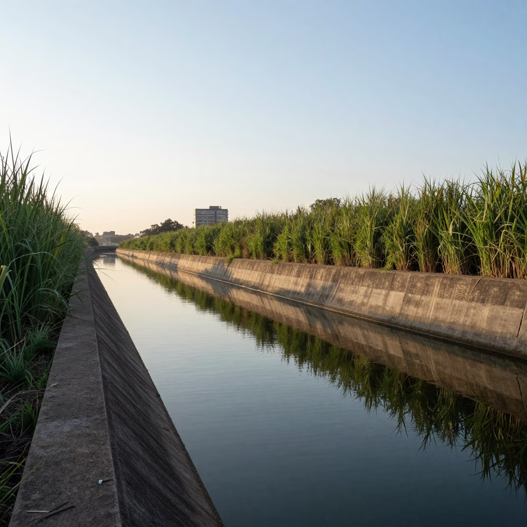 First Light on Johannesburg Concrete Canal Edged with Reeds and Heliconia Plants in in Johannesburg, South Africa