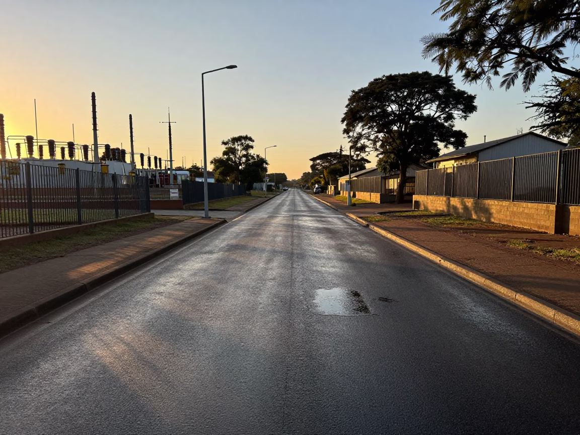 First light on Johannesburg substation access road with oil-sheen rainwater puddles in in Johannesburg, South Africa