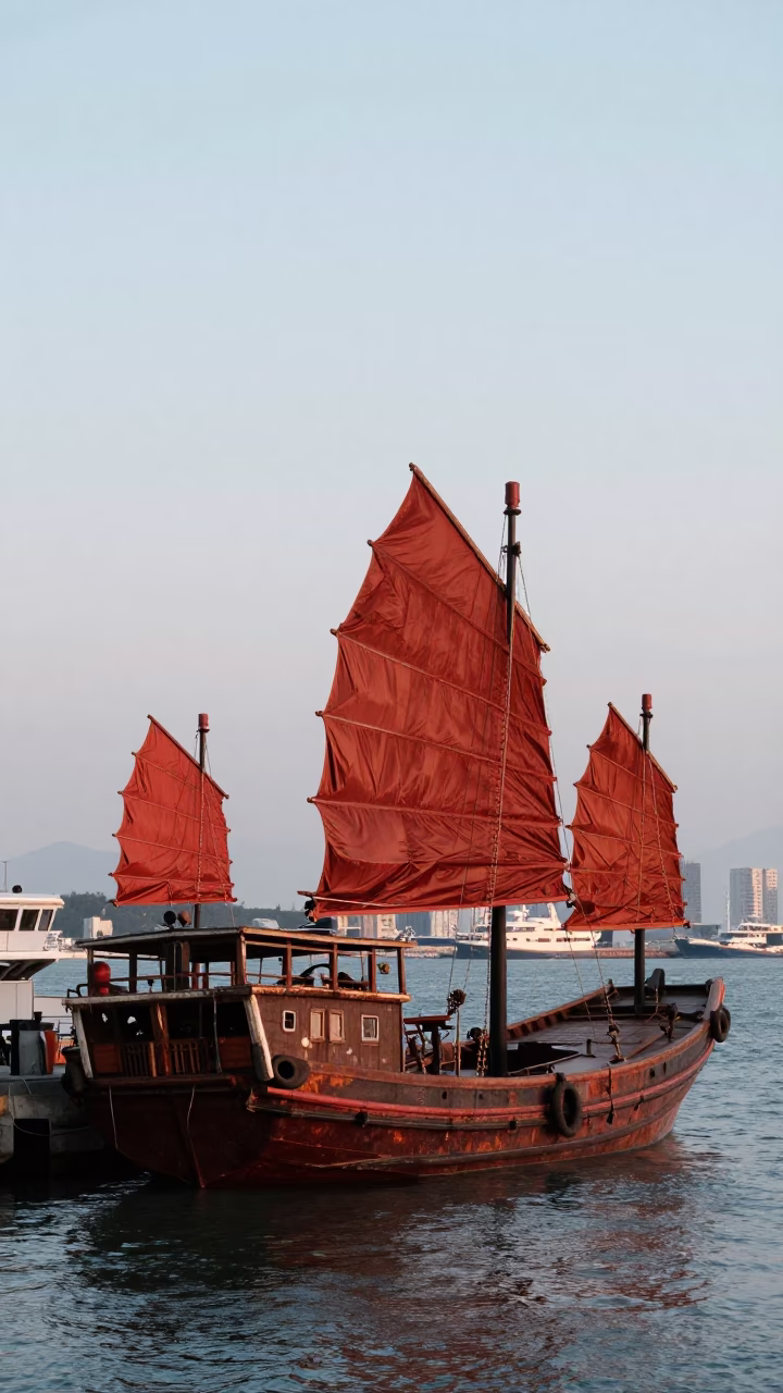 First Light on Kaohsiung Harbor Junk Boat with Rust-Red Sails and Laundry Lines in in Kaohsiung, Taiwan