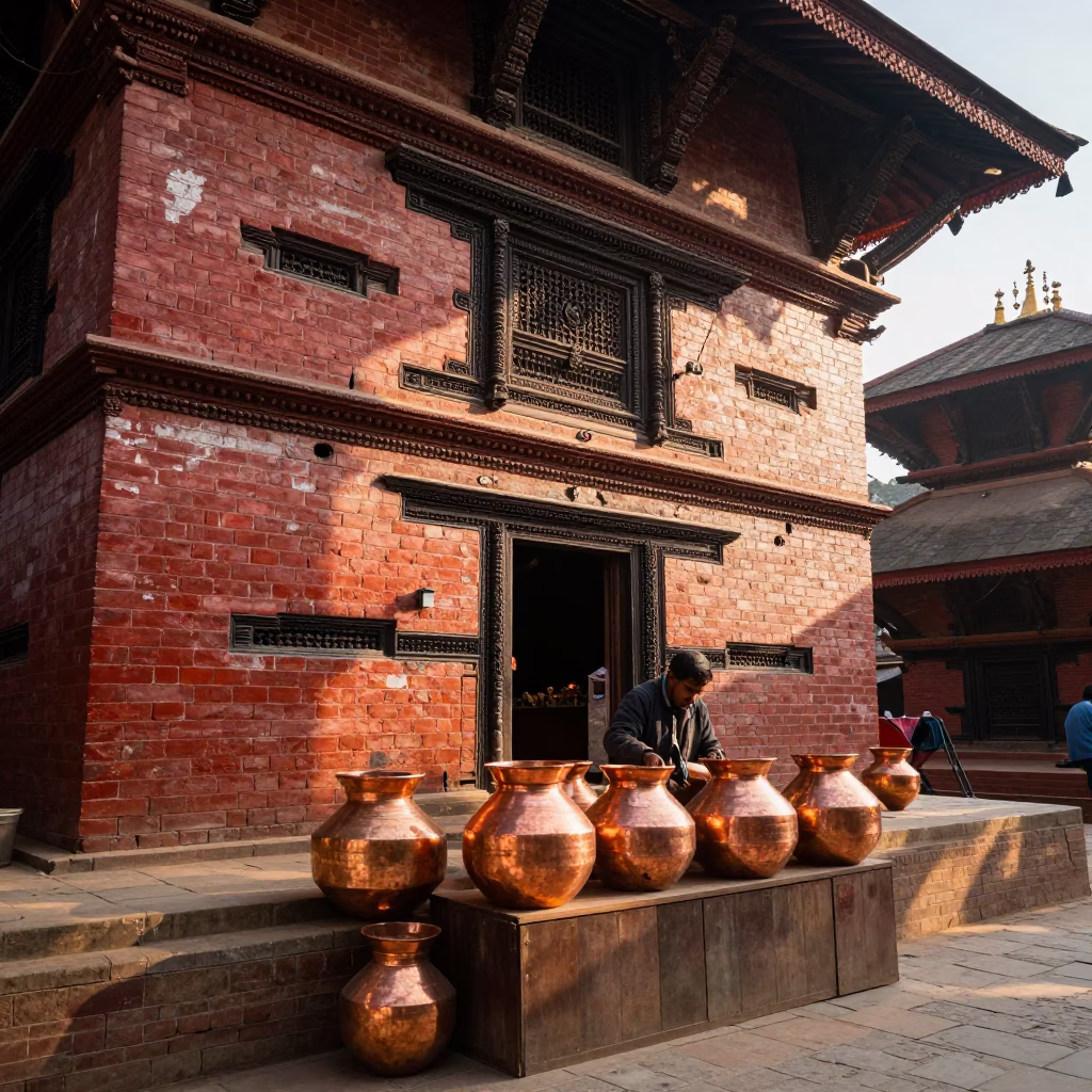 First Light on Kathmandu Street with Copper Pots and Brick Architecture in in Kathmandu, Nepal