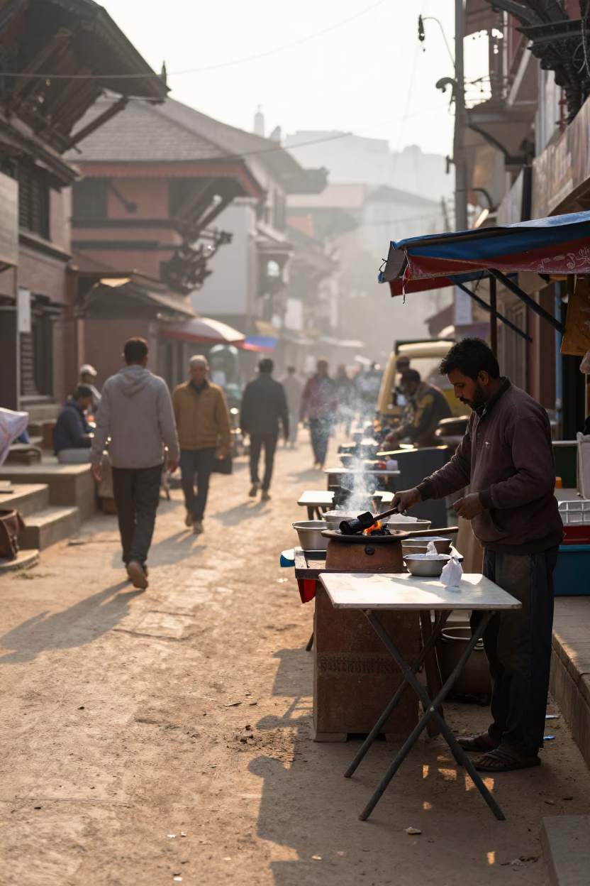 First Light on Kathmandu Street with Folding Tables and Charcoal Stick in in Kathmandu, Nepal