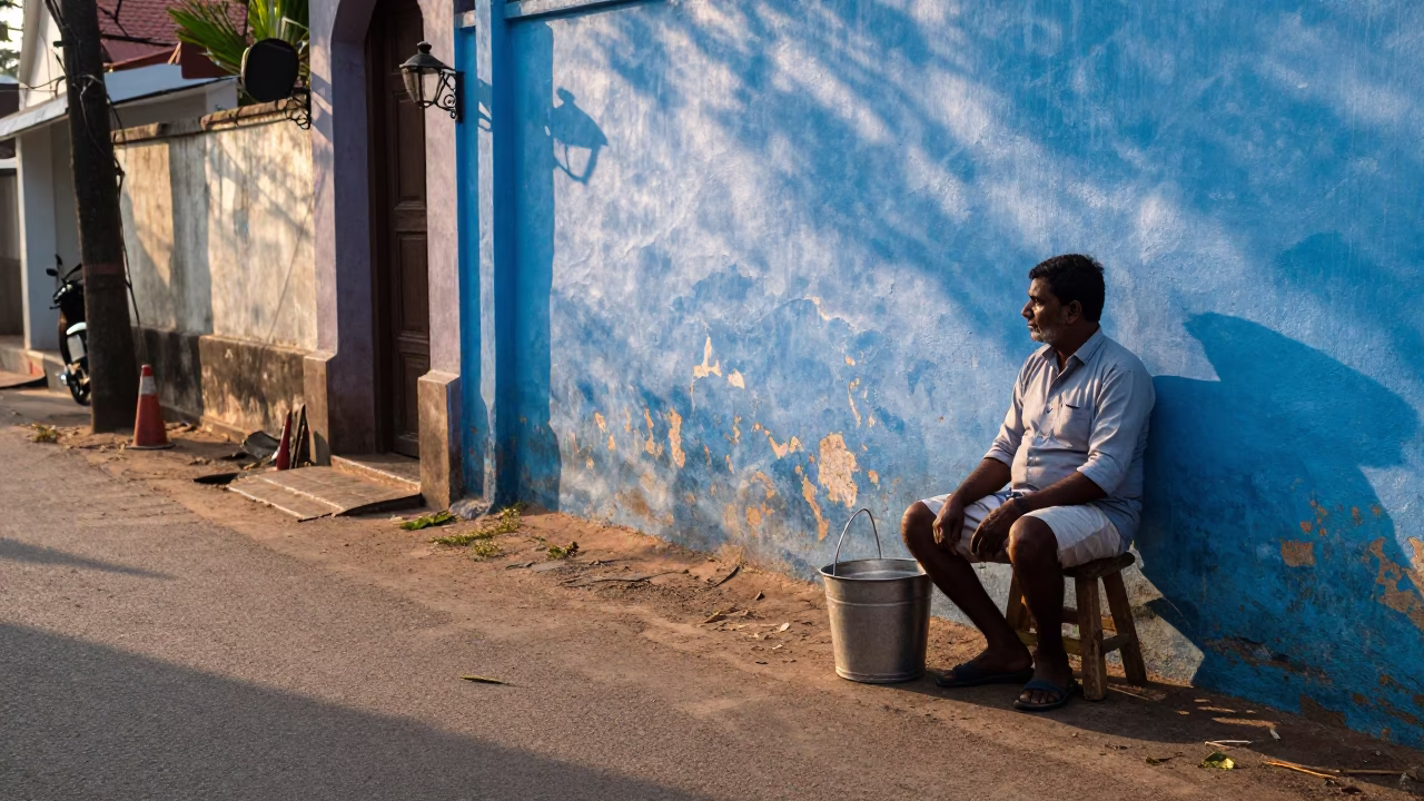 First Light on Kochi Street with Metal Bucket and Scissors Near Fort Kochi Harbor in in Kochi, India